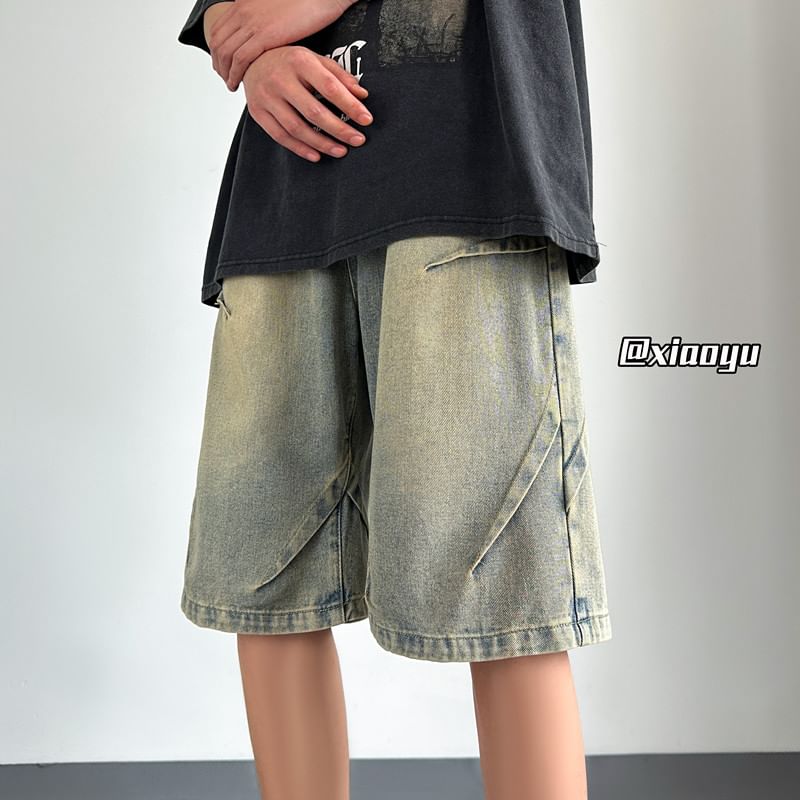 Breeson - Mid Rise Washed Wide Leg Denim Shorts