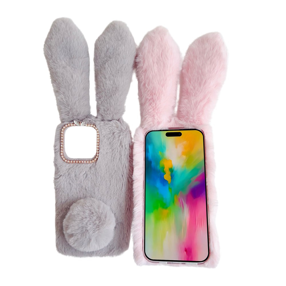 iPhone 16 Pro 3D Gummi Plüsch Case Hülle Bunny mit Flauschigen Hasenohren - Rosa