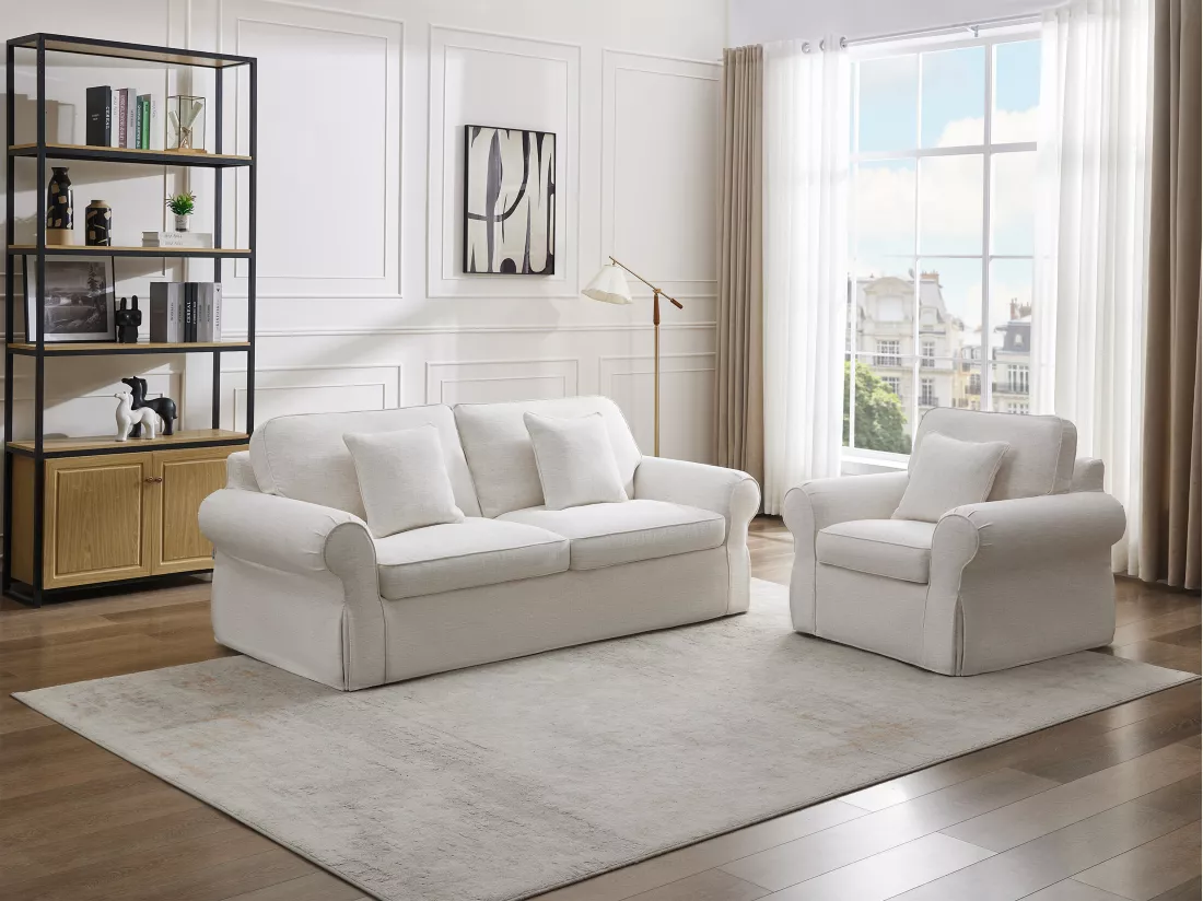 Canapé 3 places et fauteuil en lin et tissu chiné blanc ZULIPRO de Maison Céphy