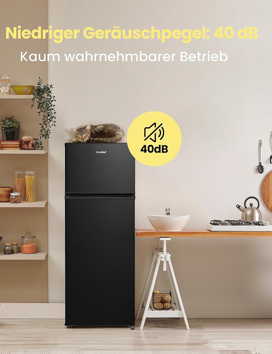 Comfee RCT284DK2A Kühl-/Gefrierkombination/Gefrierteil oben/176 kWh/Jahr/143cm Höhe/LED Licht/Reversibles Türscharnier/Schwarz
