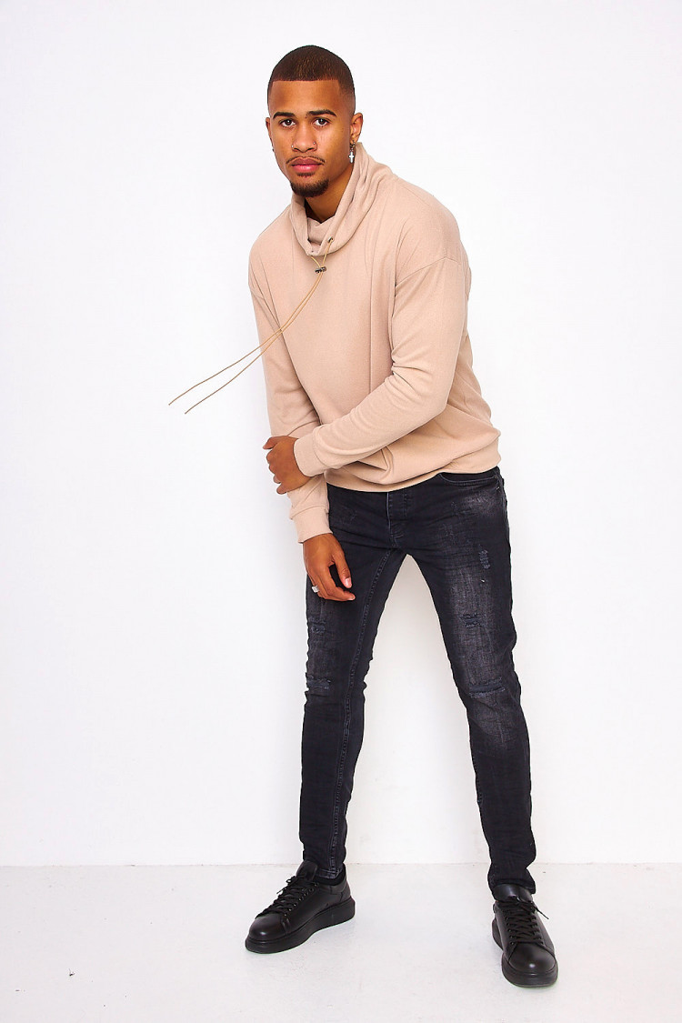 Pull en velours beige col ajustable