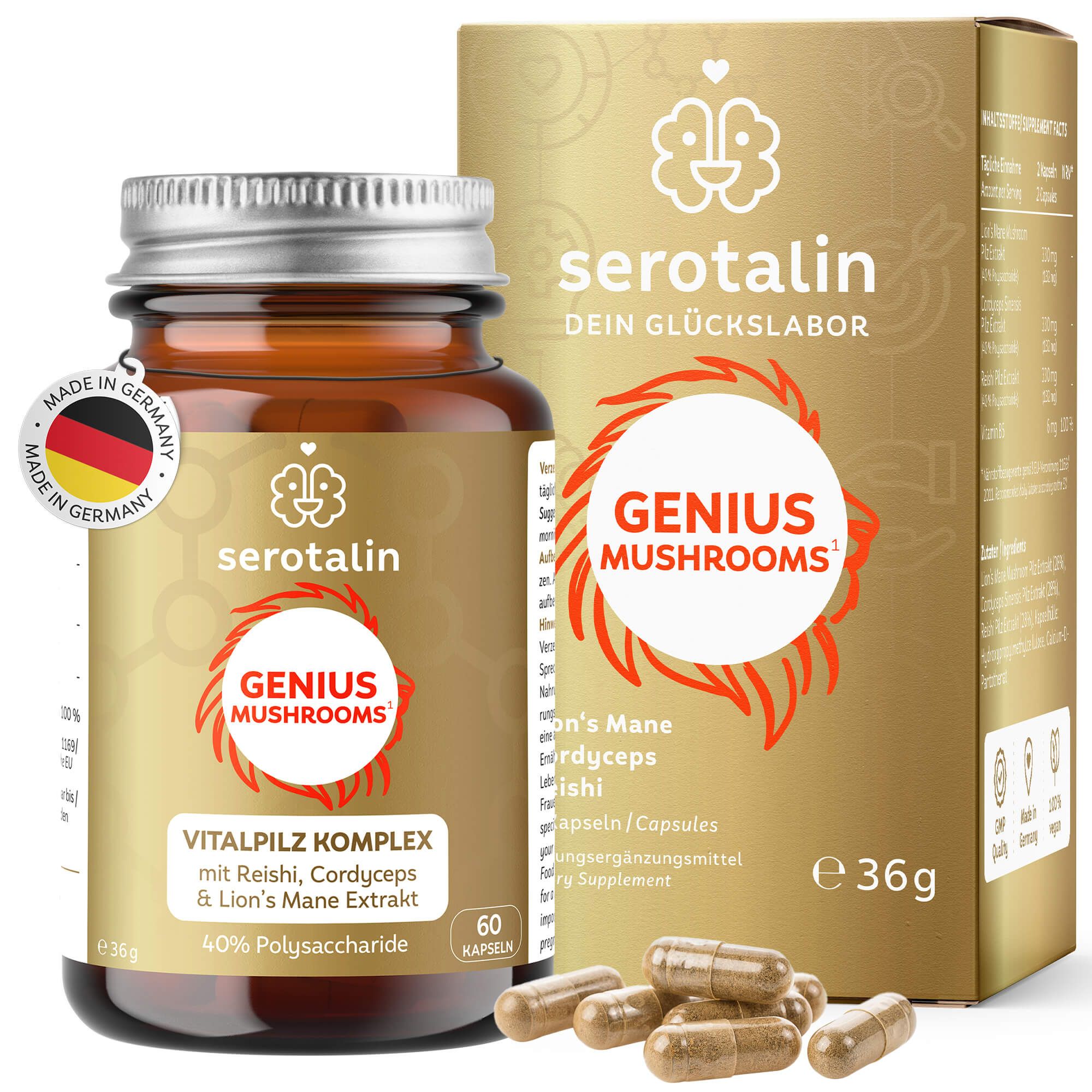 serotalin® GENIUS MUSHROOMS Reishi I Lion's Mane I Cordyceps I 60 Vitalpilz-Kapseln hochdosiert