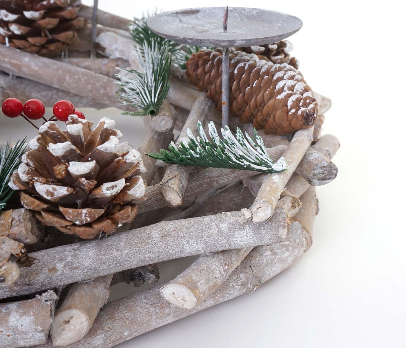 Tischkranz rund, Weihnachtsdeko Adventskranz, Holz Ø 35cm weiß-grau ~ mit Kerzen, weiß