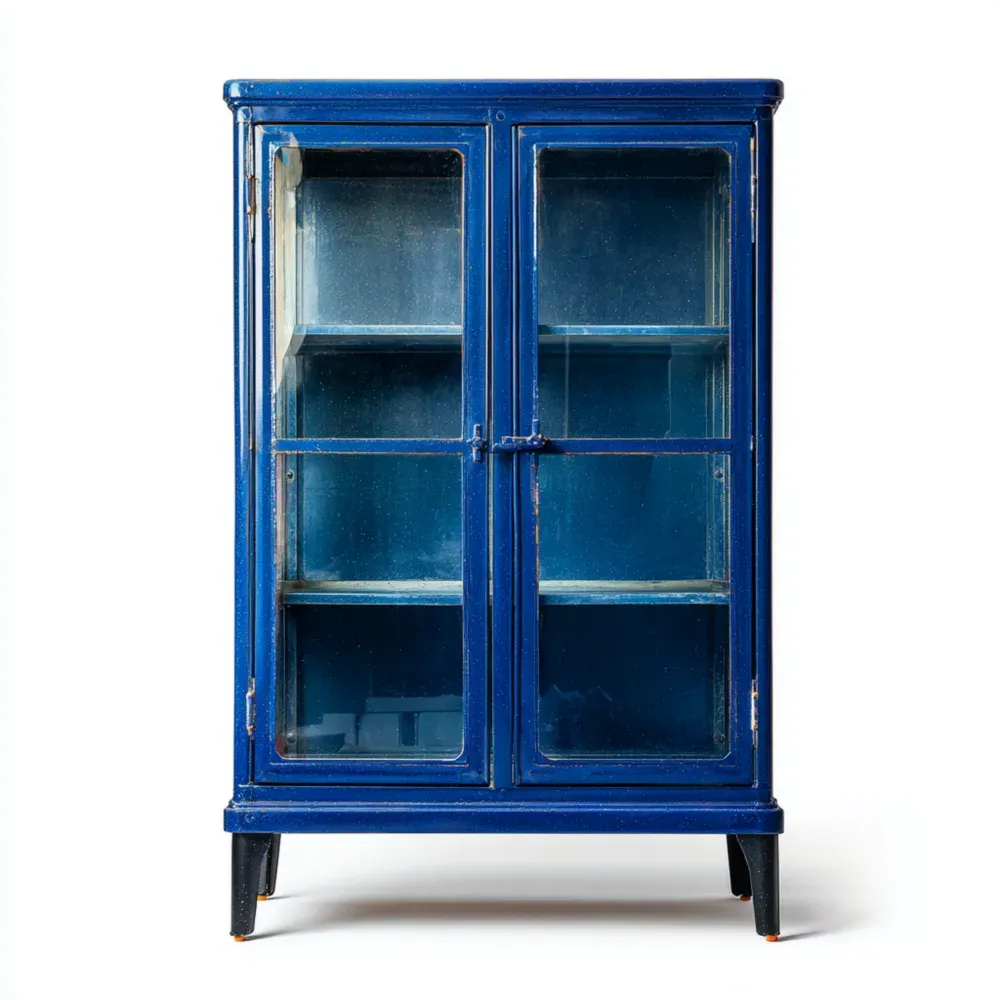 Metallschrank mit Glastüren Blau – Vintagestil 80x35x120 cm