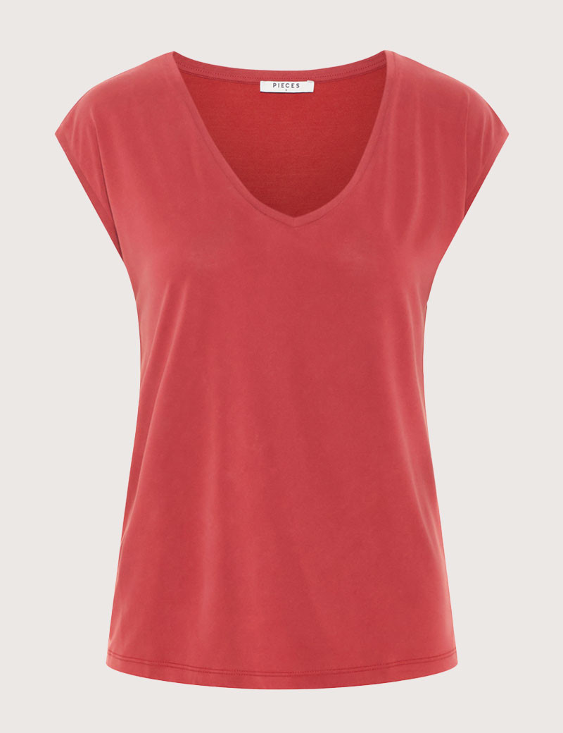 PIECES T-SHIRT COL V KAMALA ROUGE FONCÉ
