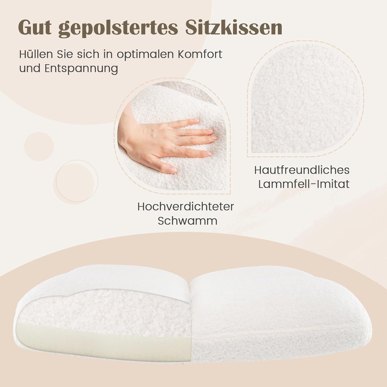 COSTWAY Schneidersitz Stuhl mit Rollen, Drehstuhl ohne Armlehnen, Schreibtischstuhl mit breiter Sitzfläche, Bürostuhl, Schminkstuhl, höhenverstellbar, Wippfunktion, modern (Beige)