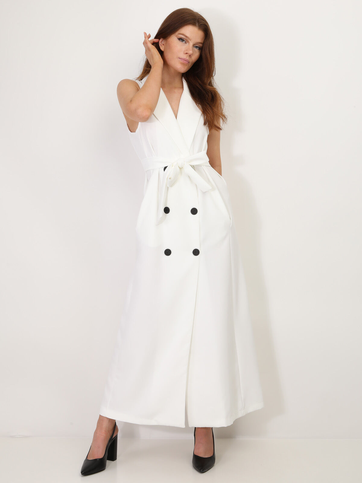 Robe longue style blazer à nouer- Blanc
