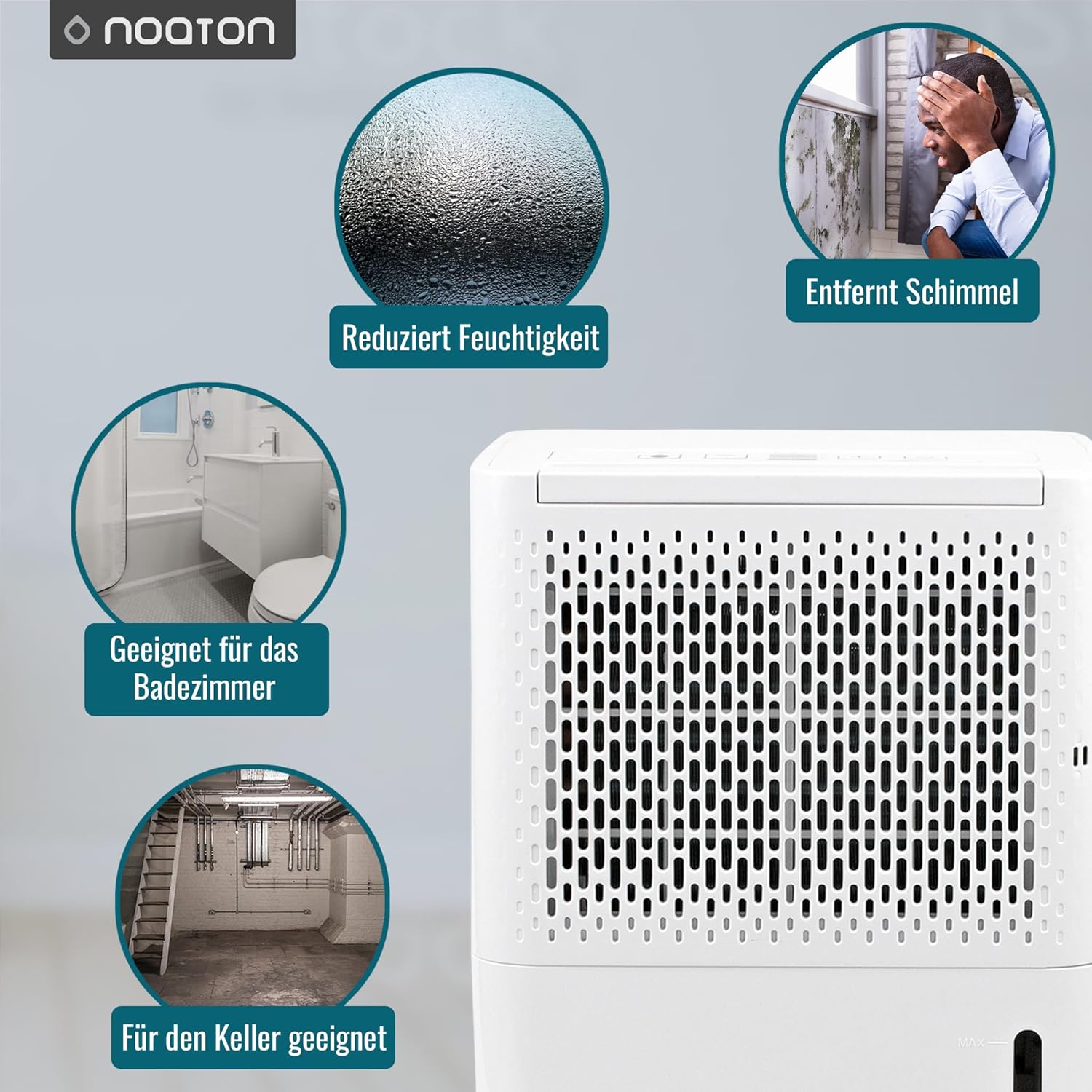 Déshumidificateur Noaton DF 4110, max 11.5L/24h, taille de la pièce env. 65 m³ (~25 m²), 230 W, réservoir d'eau de 2.1l, tuyau d'évacuation, minuterie, avec capteur d'humidité - Contre la moisissure