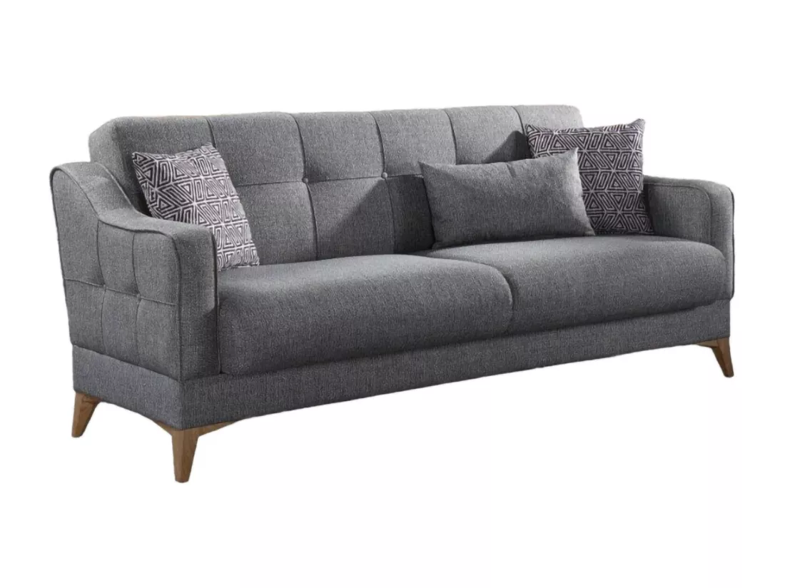 Canapé Juan, Canapé de rangement 3 places linéaire avec 3 coussins inclus, Canapé de salon en tissu rembourré avec ouverture clic-clac, 207x82xh92 cm, Gris