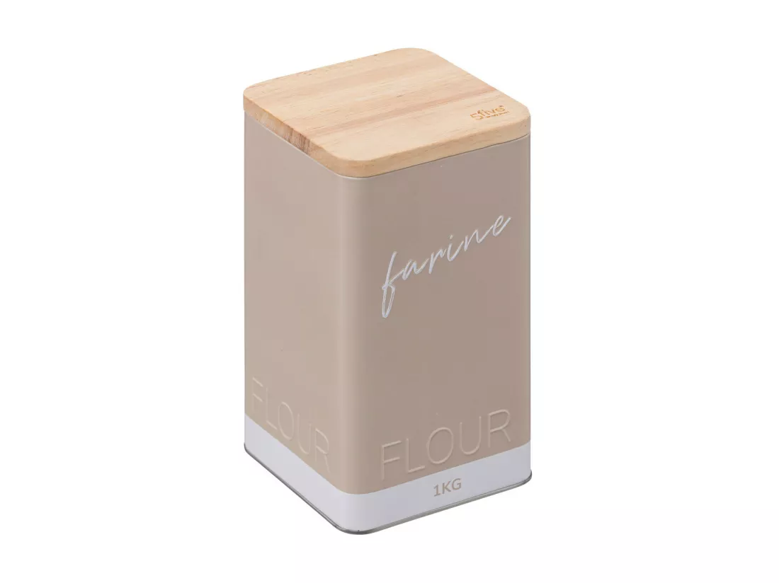Boîte à farine en métal Beige Lin et couvercle en bois déco Relief Color
