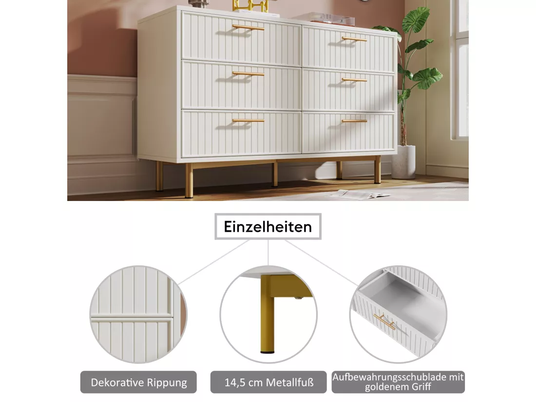 Commode avec 6 tiroirs, 120 x 40 x 75 cm, Panneaux de particules + métal, Motif rayures verticales, Blanc