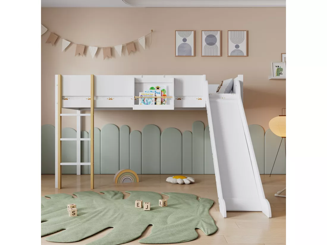 Lit mezzanine 90 x 200 cm avec toboggan et étagère amovible, pin+MDF, blanc+naturel