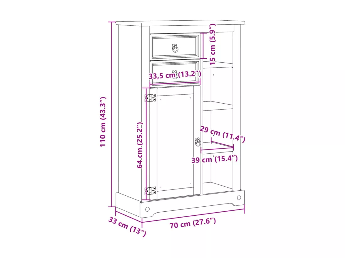 Armoire de salle de bain Corona 70x33x110 cm bois de pin massif