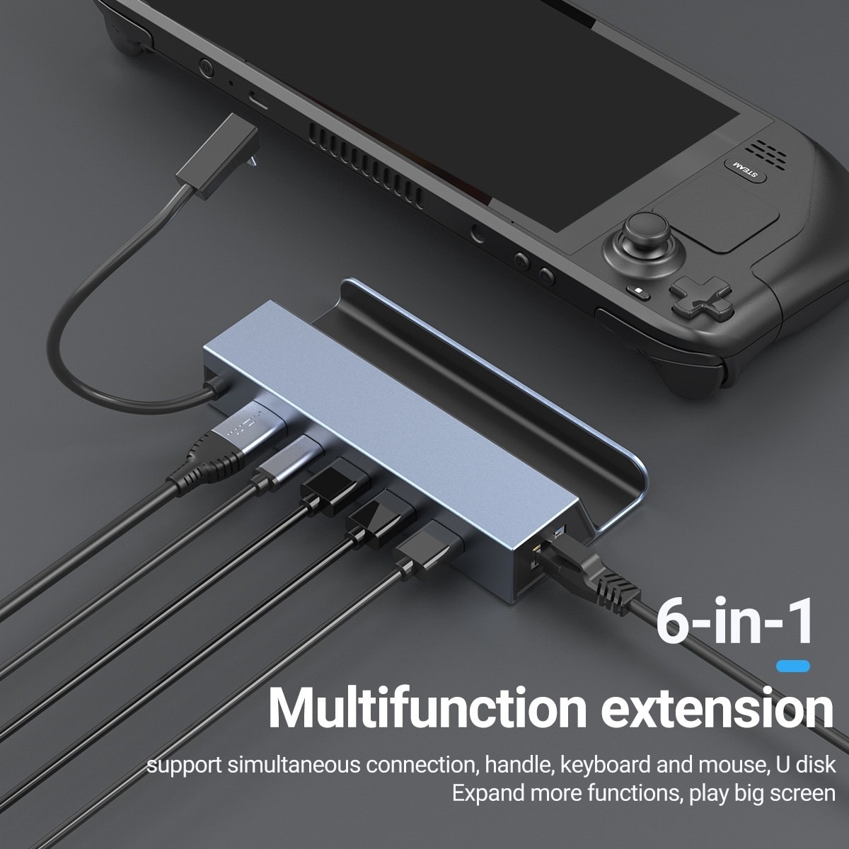 NÖRDIC USB-C 1 til 6 dokkingstasjon for Steam Deck, HDMI 2.0 4k60Hz, RJ45, USB-A 3.0 5 Gbps, 100W USB-C PD