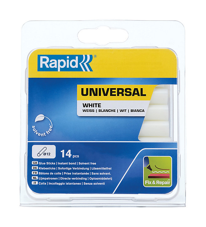 Bâtons de colle blanche universelle 12 mm. Parfait pour les travaux de fixation et de réparation. Paquet de 14 bâtons courts.