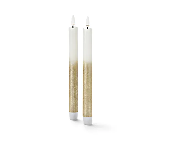 2 LED-Echtwachs-Stabkerzen, cremeweiß-goldfarben