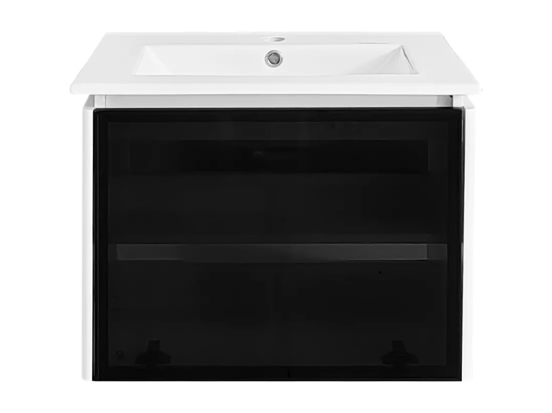 Meuble de salle de bain vasque simple avec porte en verre - 61.5 x 46.5 x 47 cm - Bois MDF - Lampe à induction - Blanc + noir
