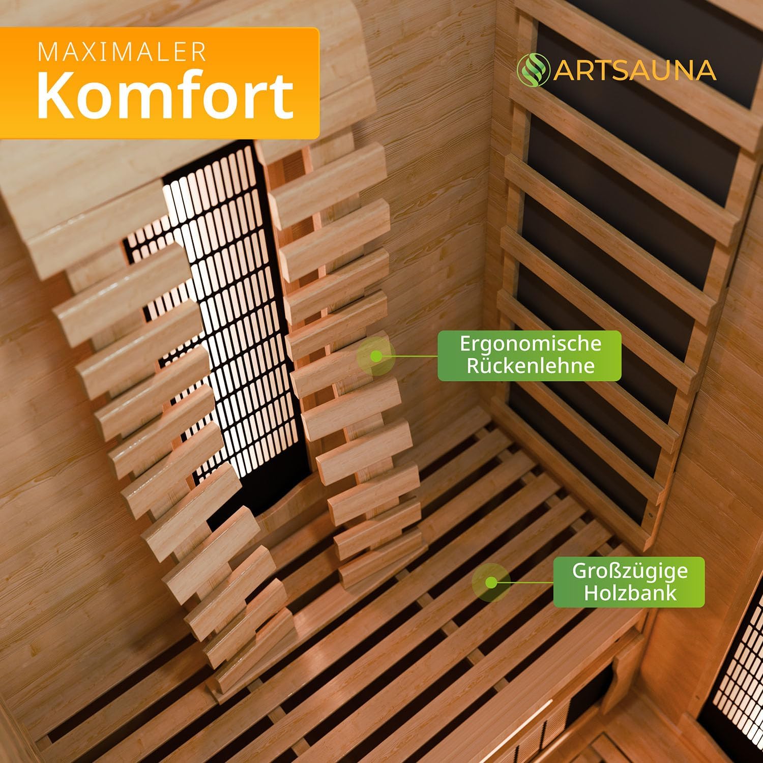 Artsauna Infrarotkabine Kiruna90 Premium mit Vollspektrum- & Flächenstrahler, 1 Person, 90x90x190 cm, LED Farblicht & Glastür, Infrarotsauna Sauna - Rückenstrahler dimmbar