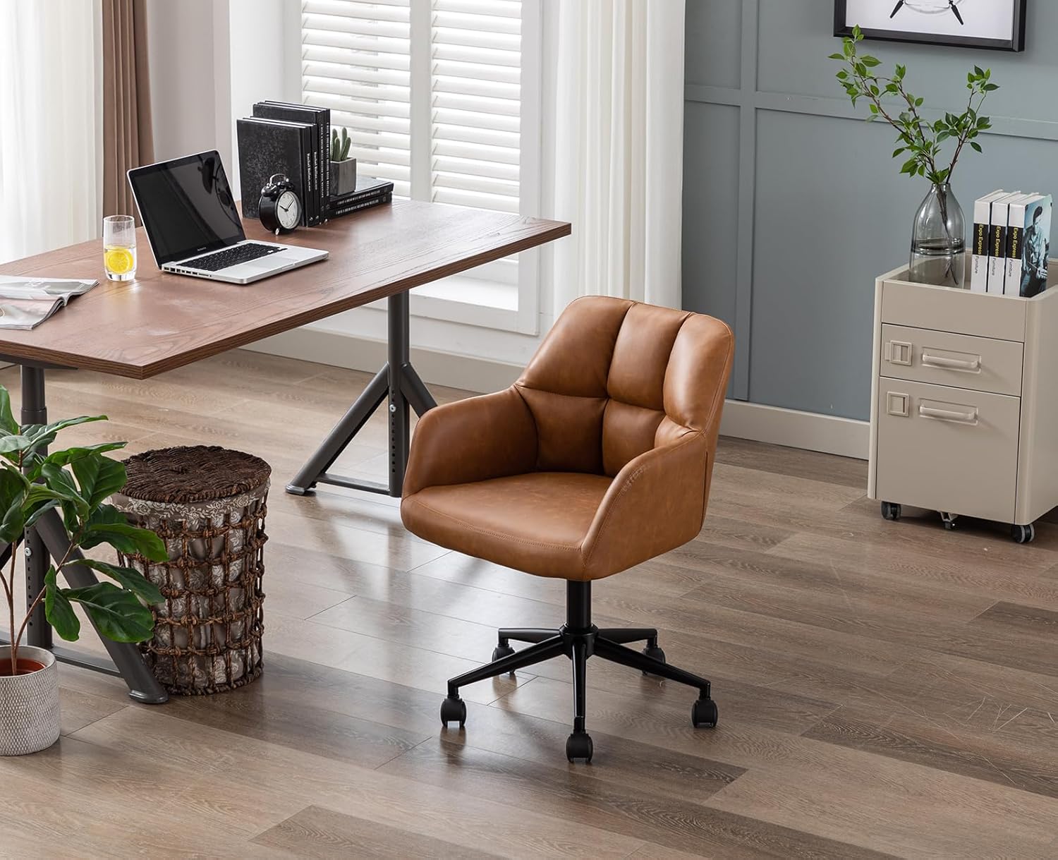 Bürostuhl PU-Kunstleder mit Rollen, Drehstuhl höhenverstellbar Schreibtischstuhl Dicker Rückenlehne Homeoffice Stuhl komfortabler für Arbeitszimmer, Schlafzimmer,Braun