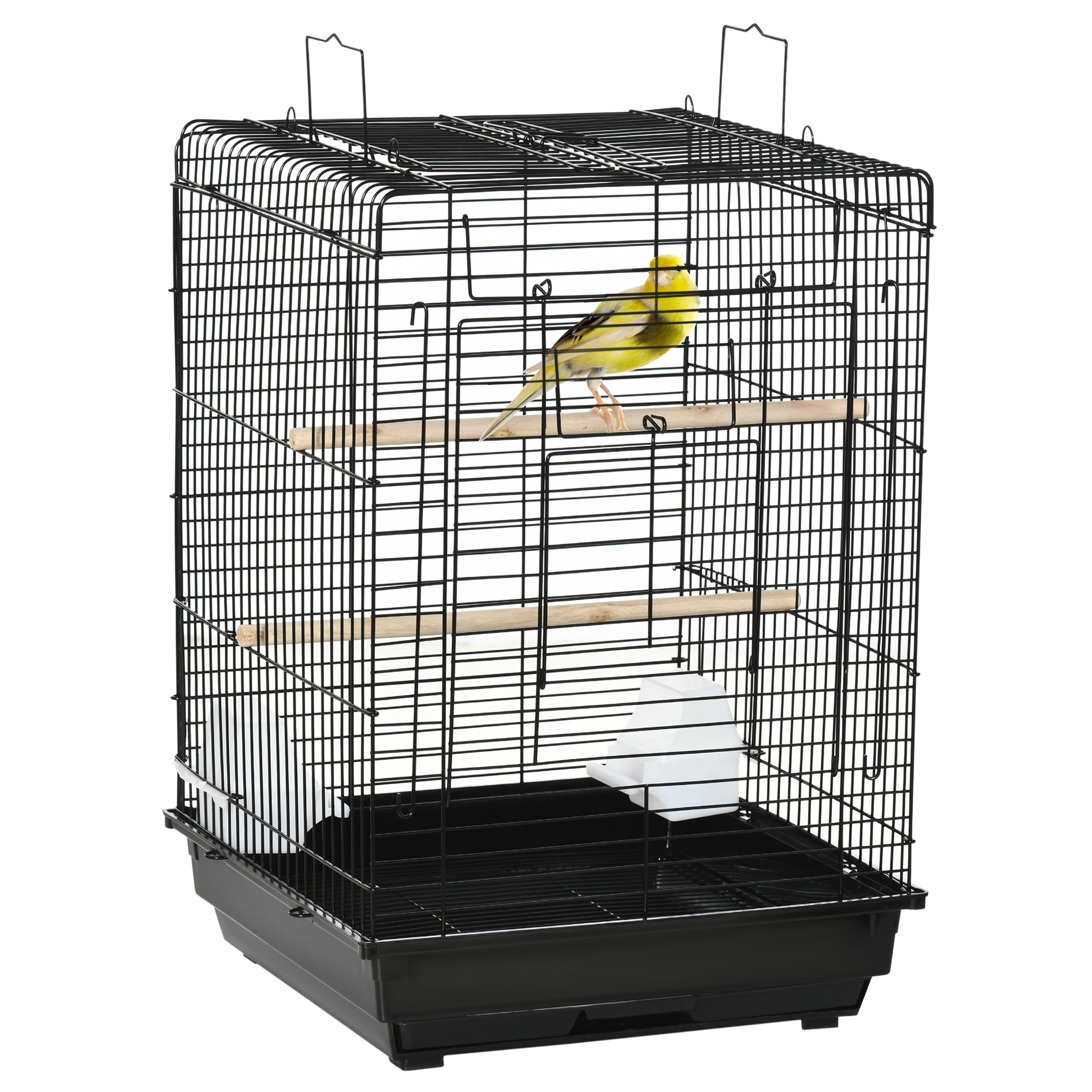 Gaiola para pássaros PawHut, gaiola de metal 40x40x59 cm com teto articulado, 2 poleiros, 2 comedouros e bandeja removível para canários e periquitos, preta.