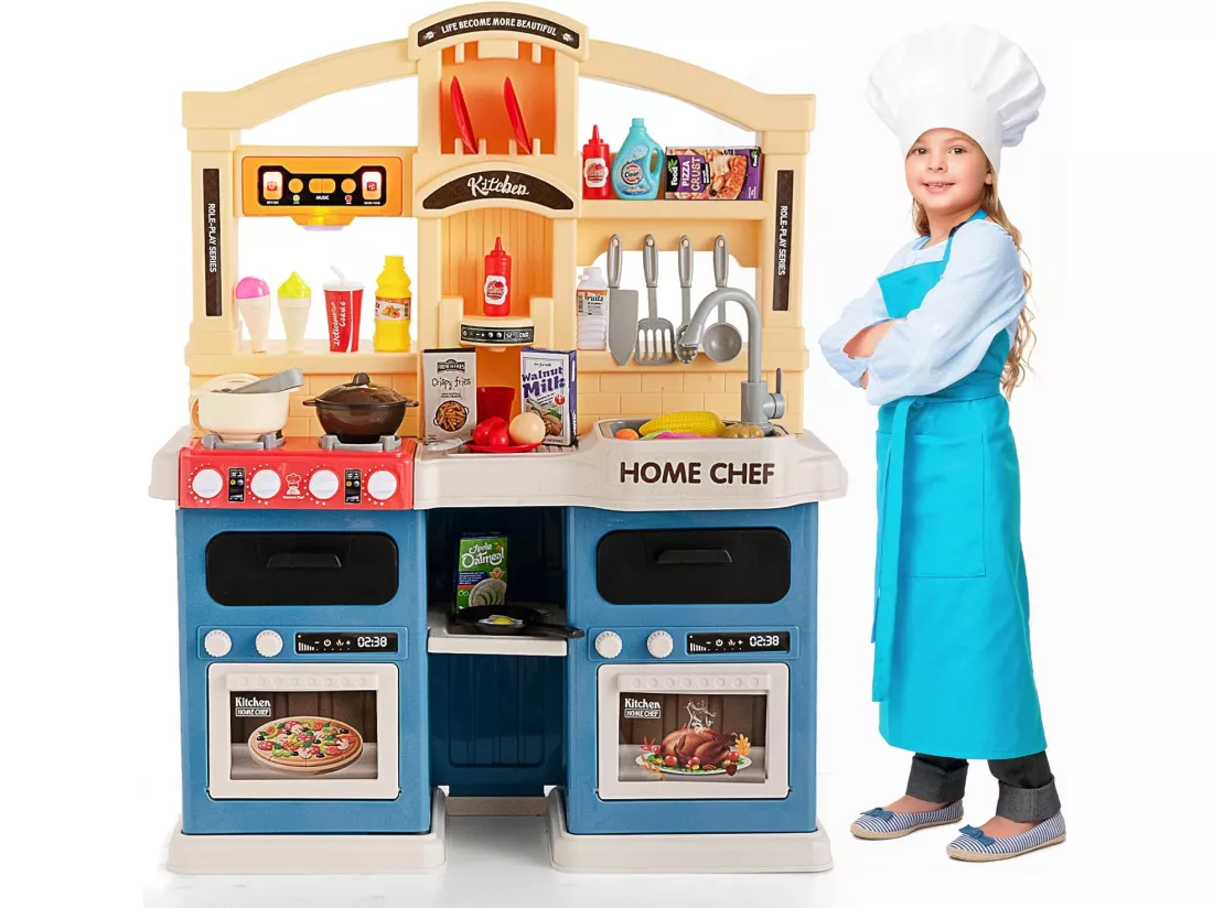 69 Pcs Cuisine Enfants avec Effets de Vapeur & d'Ebullition, Jeux de Cuisine Enfants avec Lumières et Sons Réalistes, Jouet d’Imitation pour Enfants de 3 Ans+, 64,5 x 24 x 83 cm (Bleu)