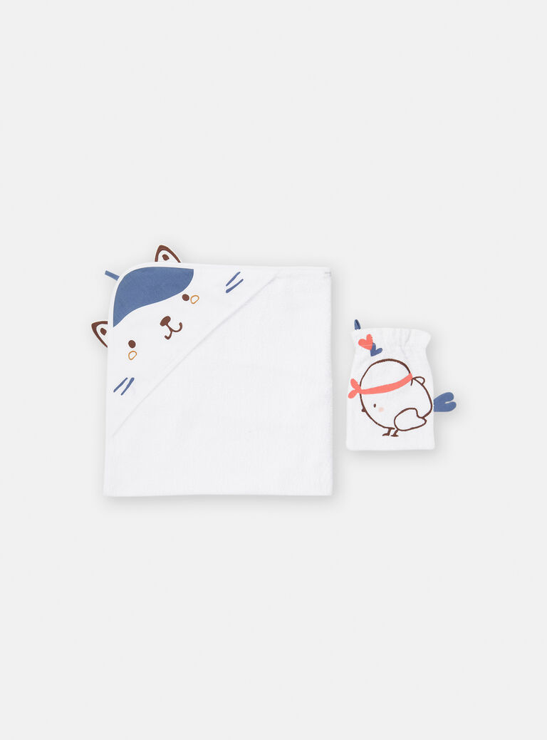 Pointe éponge et gant de toilette écru motif chat