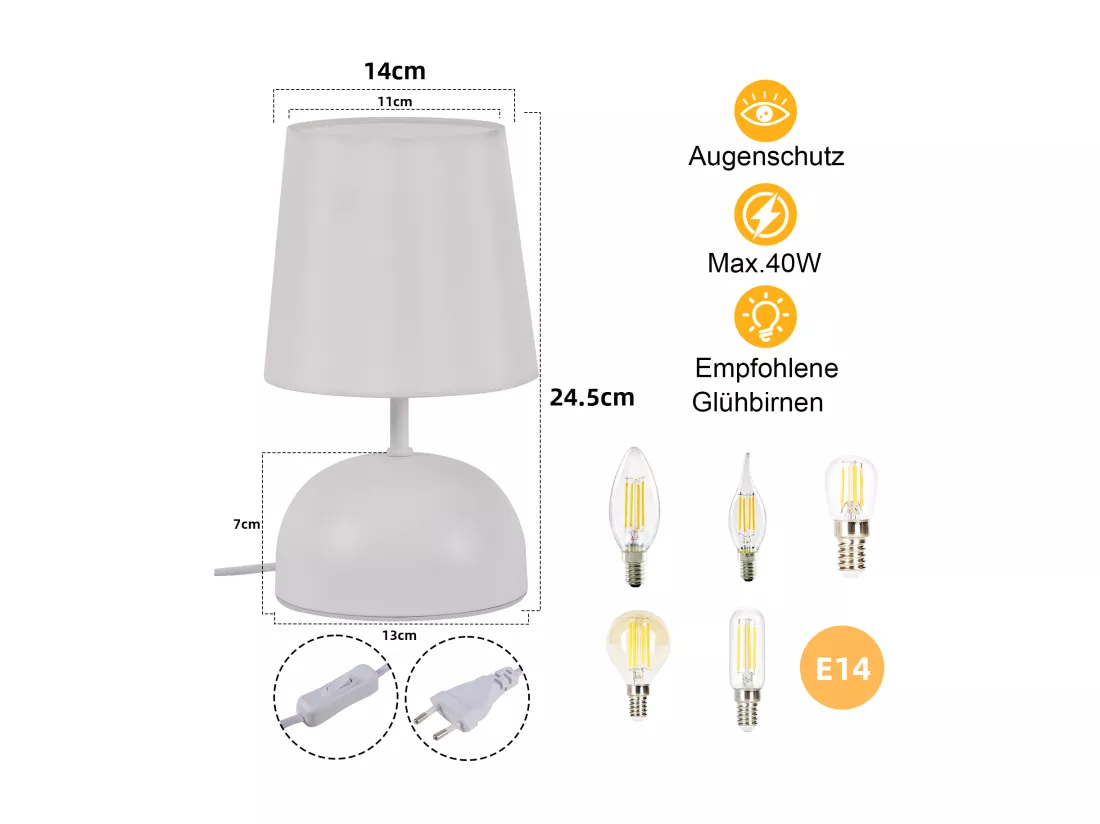 NETTLIFE Lampe de chevet Lot de 2 lampes de table avec câble Blanc Tissu Lampe de nuit Moderne Chambre à coucher Design