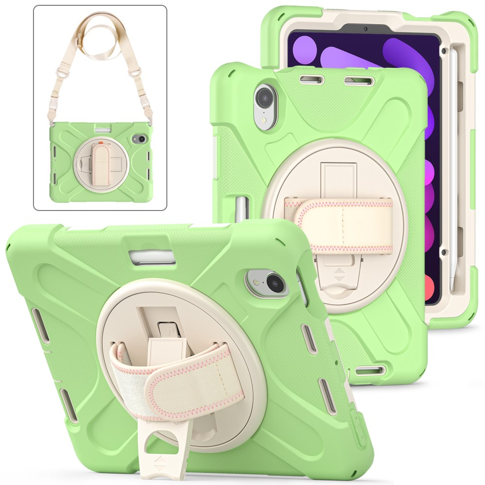 iPad Mini 7 (2024) / Mini 6 (2021) Hybrid Outdoor Silikon Case Hülle mit Aufsteller und Handschlaufe und Schultergurt - Grün