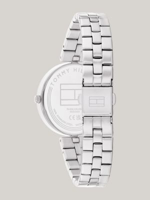 Relógio com mostrador branco prateado e pulseira de aço inoxidável