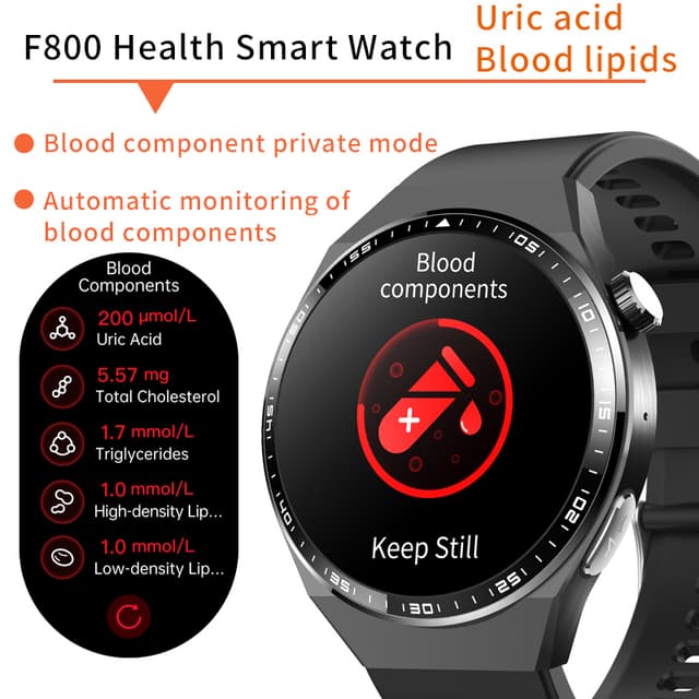 Smartwatch med EKG, kropskompositionsanalyse, blodsammensætningsanalyse (urinsyre, blodlipider) Sort og grå rem