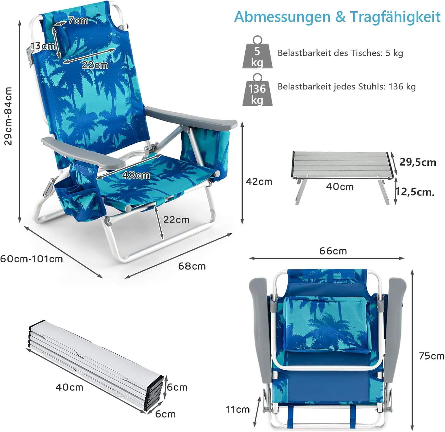 COSTWAY Strandstühle und Tisch Set, klappbare Campingstühle mit Verstellbarer Rückenlehne, Kopfstütze, Seitentaschen, Eisbeutel, Schultergurten & Armlehnen, Klappstühle leicht (Kokosnusspalme)