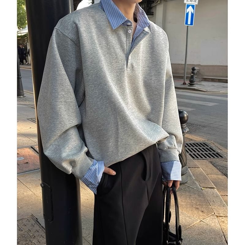 Posive - Mock Two-Piece Sweatshirt met Gestreepte Kraag en Paneel