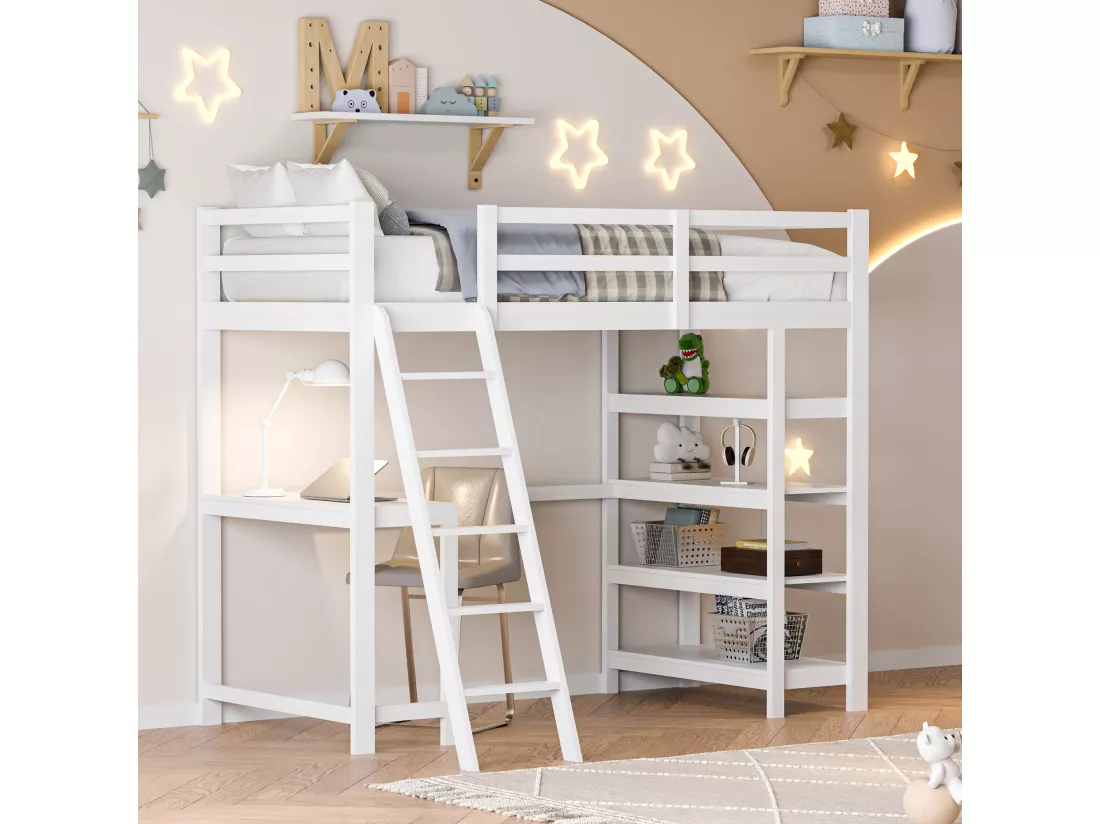 Lit Mezzanine pour Enfant, 90 x 200 cm, avec Compartiments de Rangement et Bureau sous Le lit, Blanc, étagère de Rangement à Quatre Couches, Grande capacité, Peu encombrant et Fonctionnel