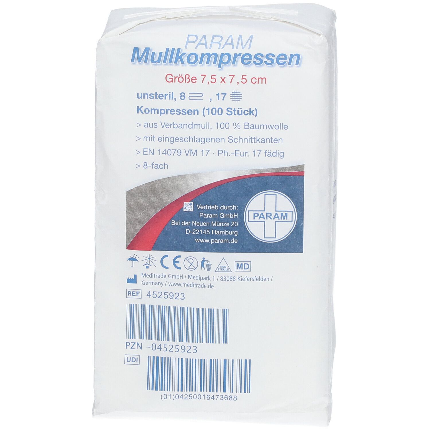 PARAM Mullkompressen 7,5 cm x 7,5 cm unsteril 8-fach