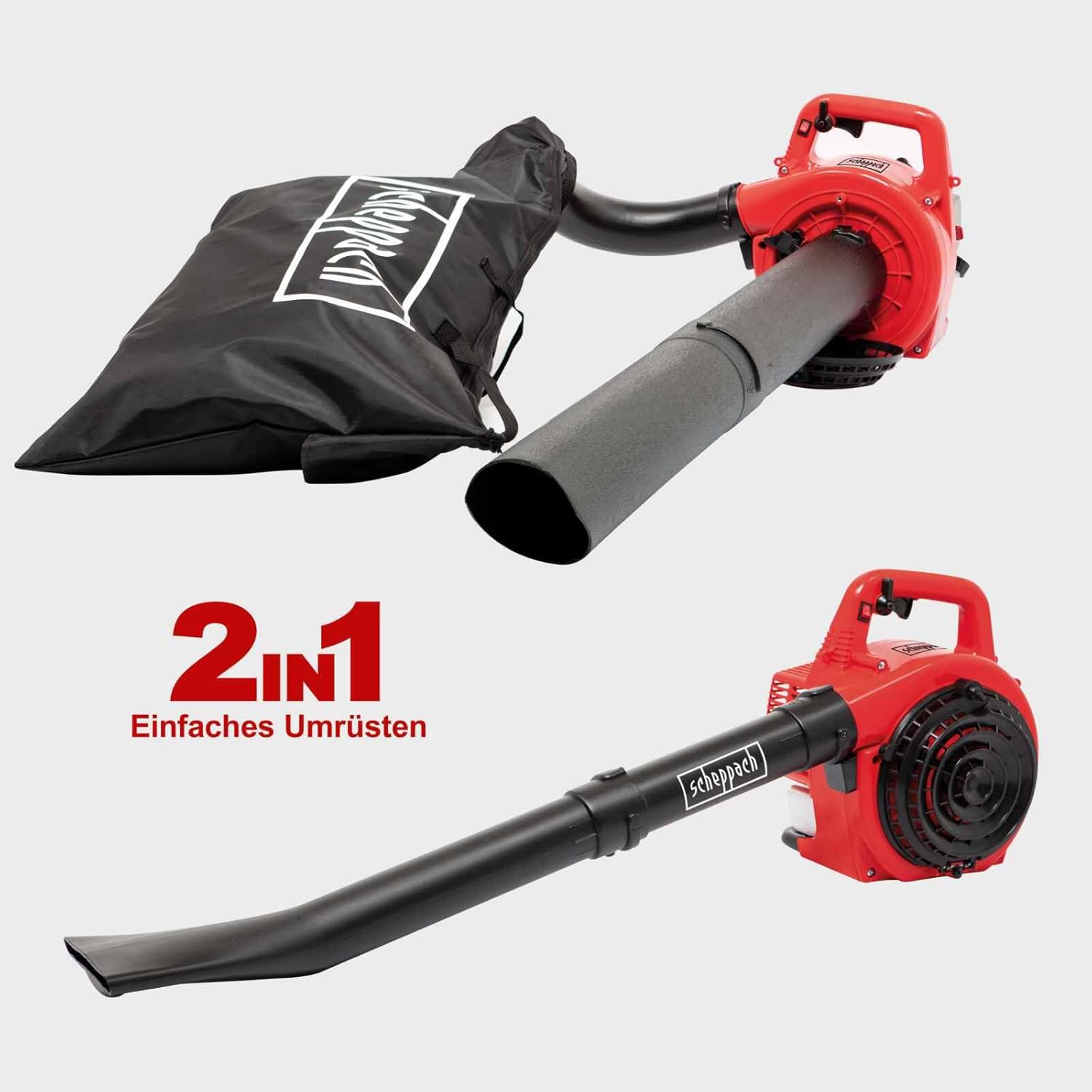 Scheppach Benzin Laubbläser LBH2600P | 1PS | 2-Takt Motor| 268 km/h Luftgeschwindigkeit | 678m³/h Luftstromvolumen | Saug- und Häckselfunktion | Laubsauger 4in1 | inkl. 50L Fangsack, Saug- & Blasrohr