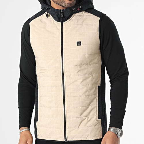Veste Zippée Capuche Sans Manches Beige Bleu Marine Chiné