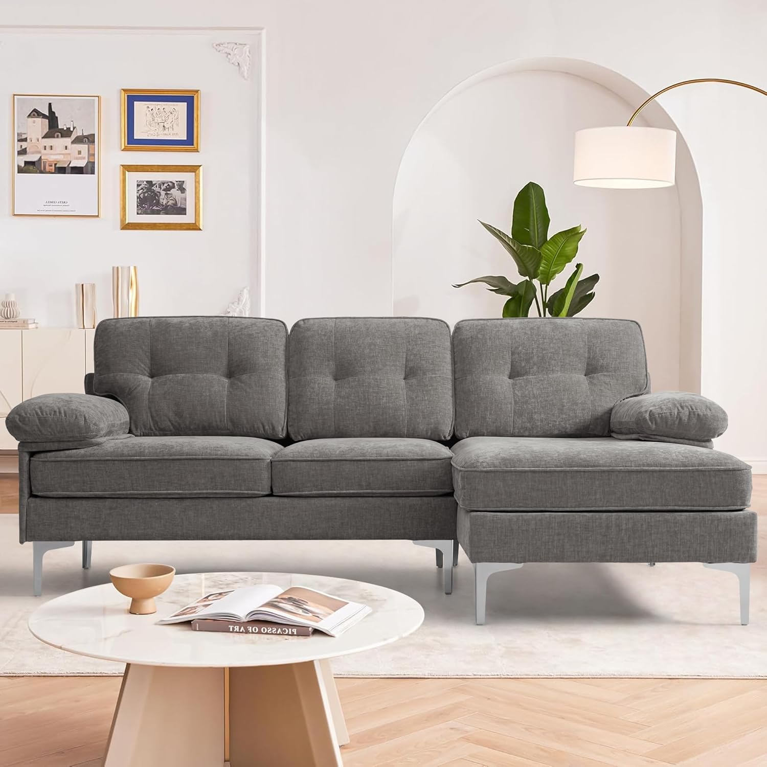 Ecksofa 3-Sitzer Sofas 210cm breit Polsterecke mit Federkern Kissen und Rückenlehnen abnehmbar und waschbar - Chaiselongue beidseitig montierbar Couch L-Form fürs Wohnzimmer (Grau)