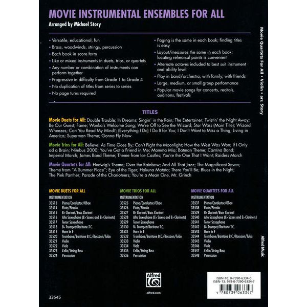 Alfred Music Publishing Movie Quartets for All Violin