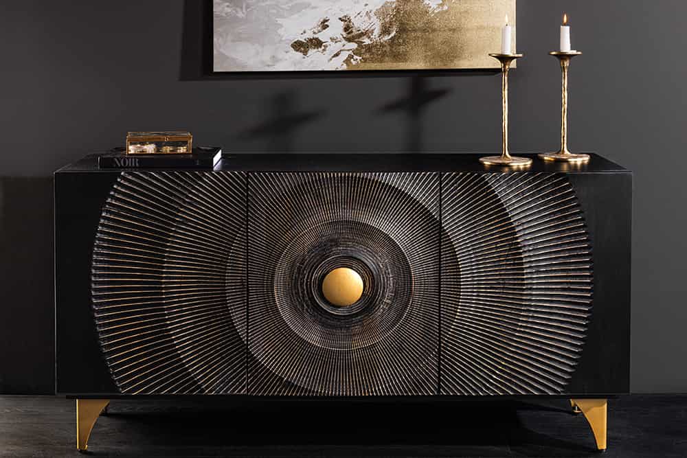 Handgearbeitetes Sideboard GOLDEN SUNSET 140cm schwarz mit 3D Schnitzereien gold Mangoholz Metallbeine