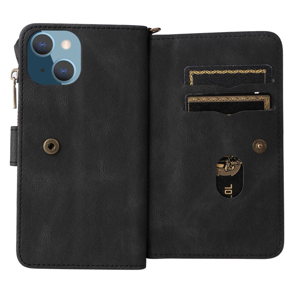 iPhone 14 Leder Wallet Etui Tasche mit 13 Kartenfächern   Münzfach - Schwarz