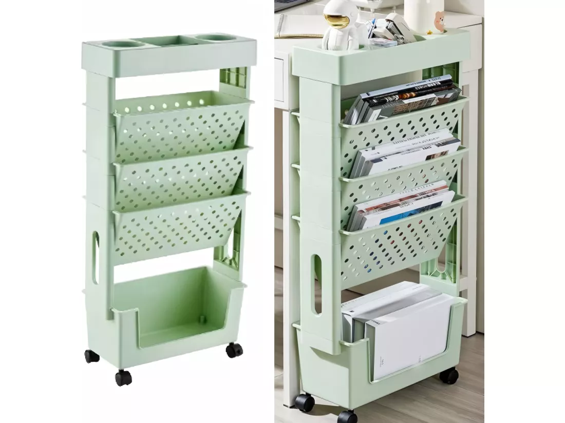 Bibliothèque Mobile à 5 niveaux vert, avec 4 roulettes, 37.5x15x78cm, étagères de livre