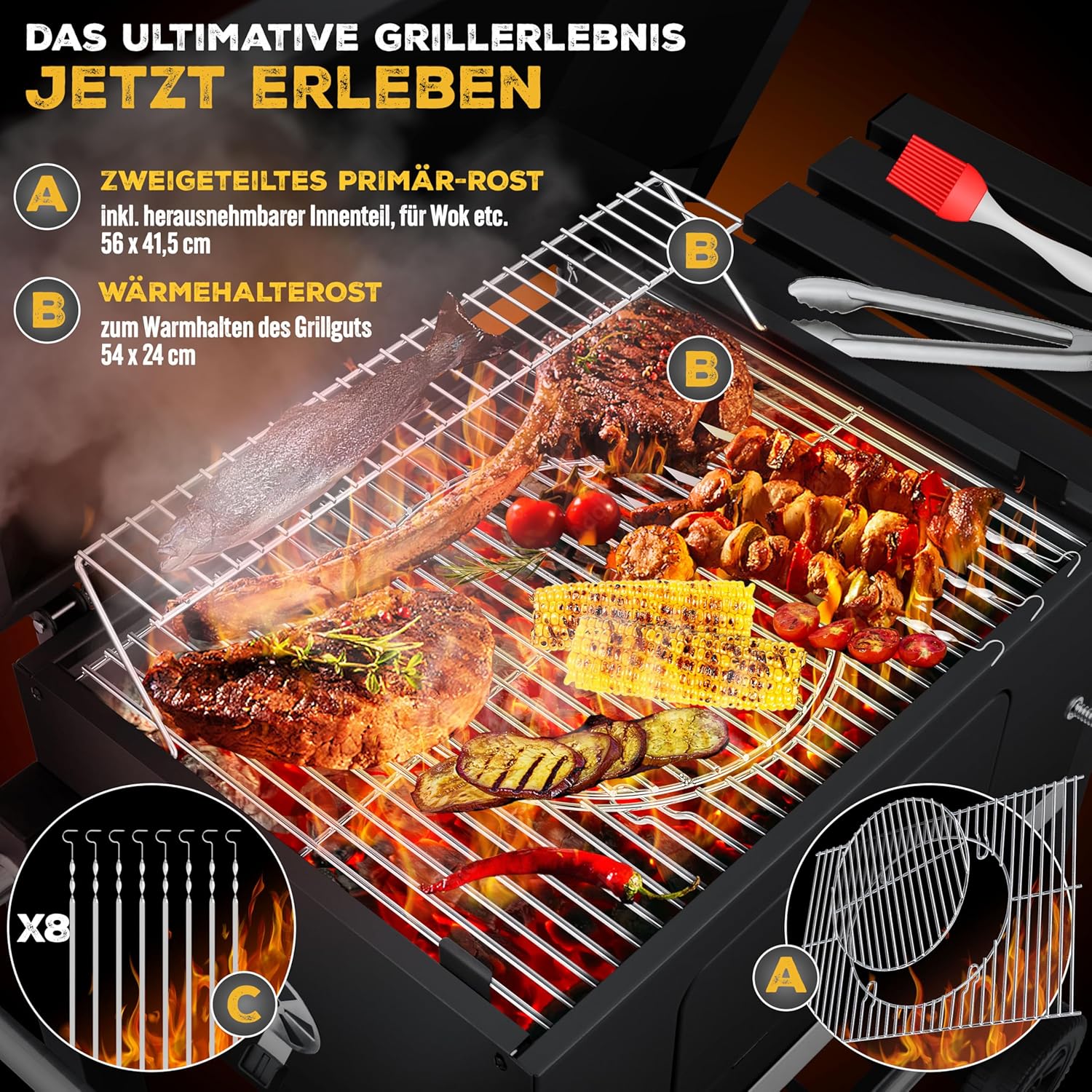 KESSER® Grill Grillwagen BBQ Smoker XL Holzkohlegrill mit Deckel, Rädern, Edelstahl-Griff, Grillrost und Thermometer, 8 Spieße mit Tasche & Silikon-Pinsel, Standgrill, Kohlegrillwagen