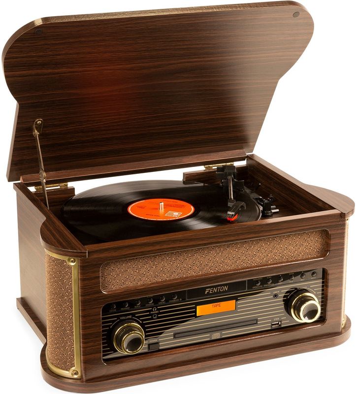Fenton - Memphis - Platenspeler - Donkerbruin - Bluetooth, CD & MP3 Speler, Radio (DAB+ en FM), Cassette