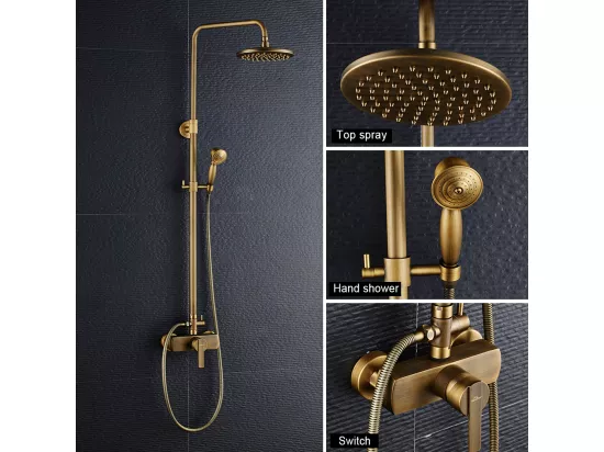 Colonne douche en laiton Bronze Rétro,Douche avec Mitigeur Mécanique,Hauteur Réglable+Porte Serviette Salle Bain Adhésif,Barres Porte Serviettes,Noir