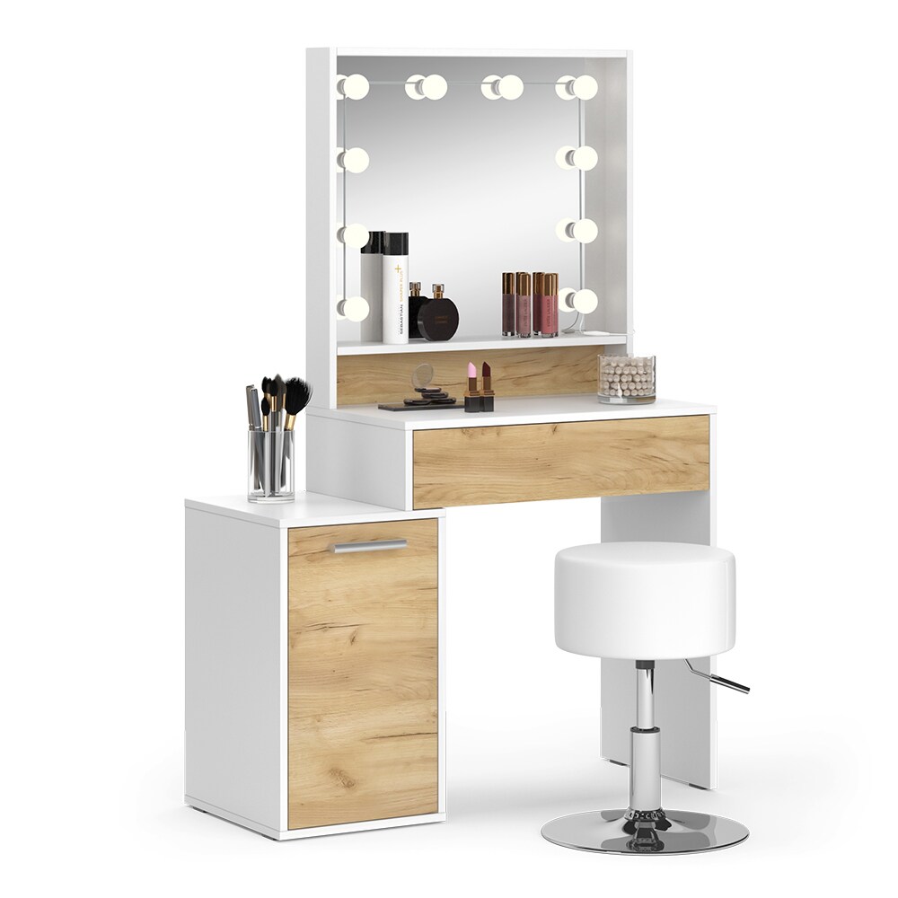 Vicco Schminktisch Altea 95 x 145 cm Weiß Eiche Frisiertisch Spiegel Hocker LED