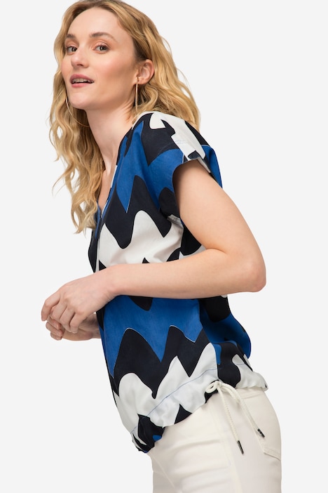 Bluse, oversized, Zackenmuster, V-Ausschnitt, Halbarm