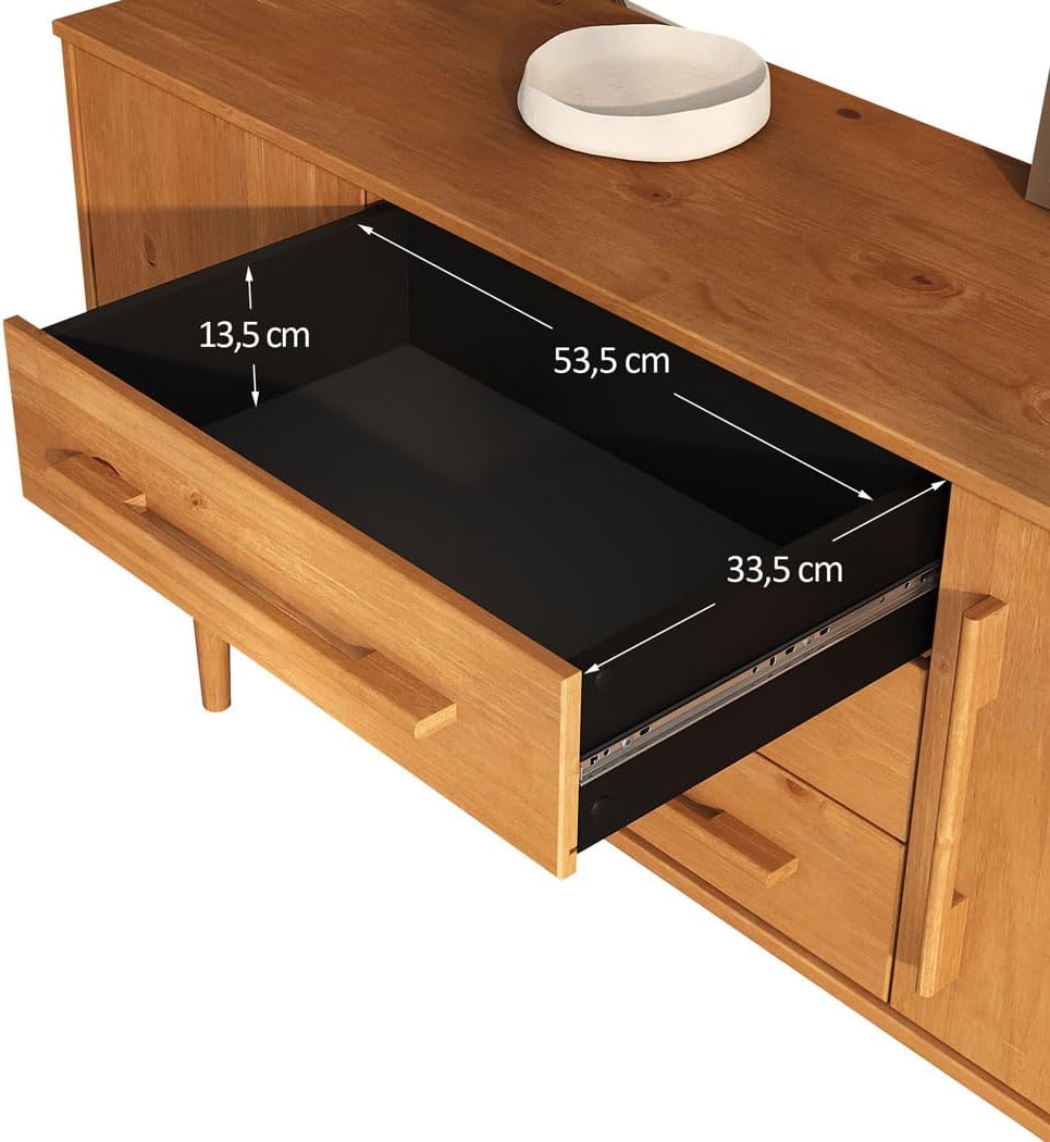 IDIMEX Sideboard TECCA mit 2 Türen & 3 Schubladen, Eiche Farben – Massivholz Anrichte mit Stauraum, Schubladen mit Metallauszug, inklusive Wandbefestigung, Wohnzimmer Flurkommode