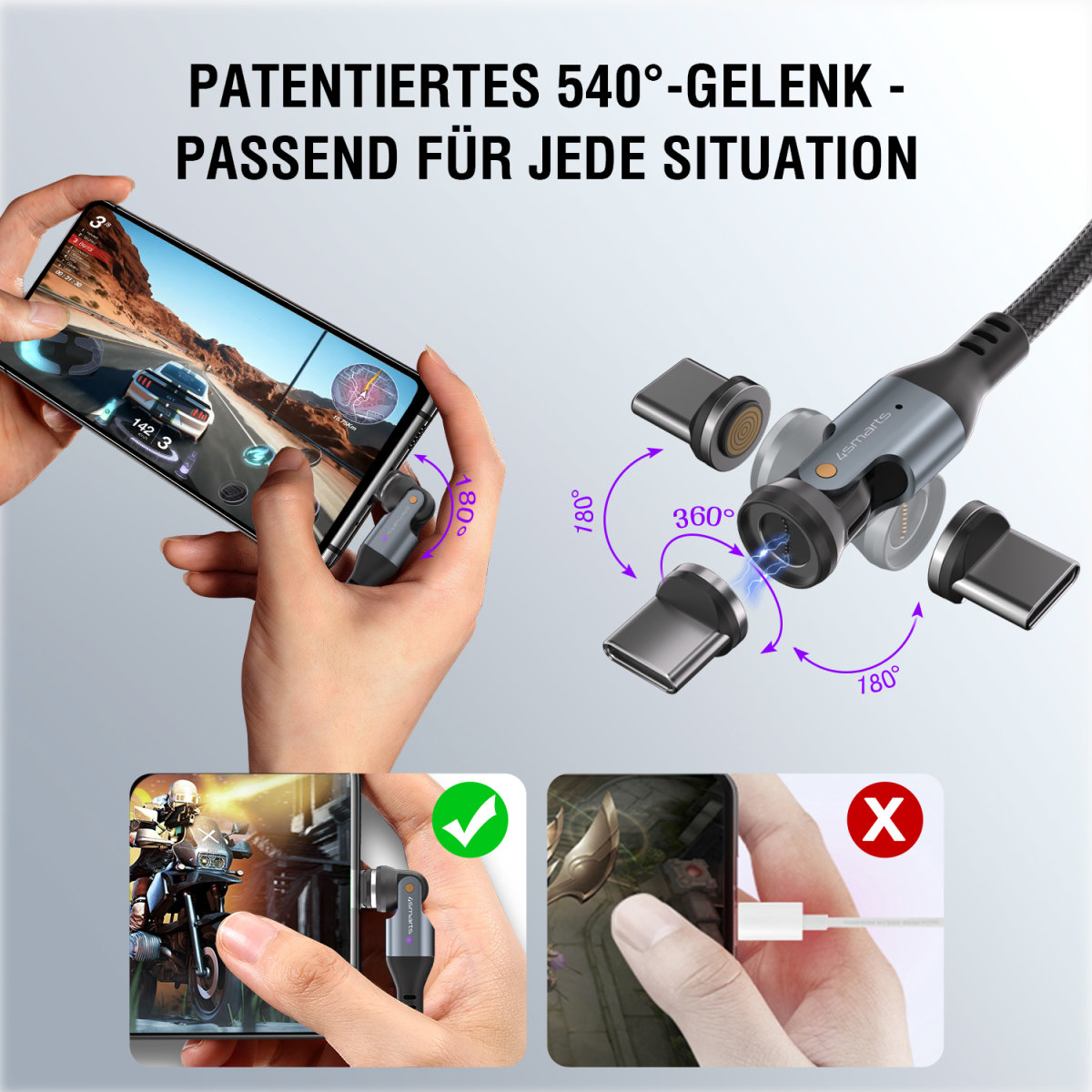 (1.8m) 3in1 USB C auf USB C / Micro USB / Lightning Ladekabel Magnetisches Nylon 540° Datenkabel mit LED (541237) - Schwarz