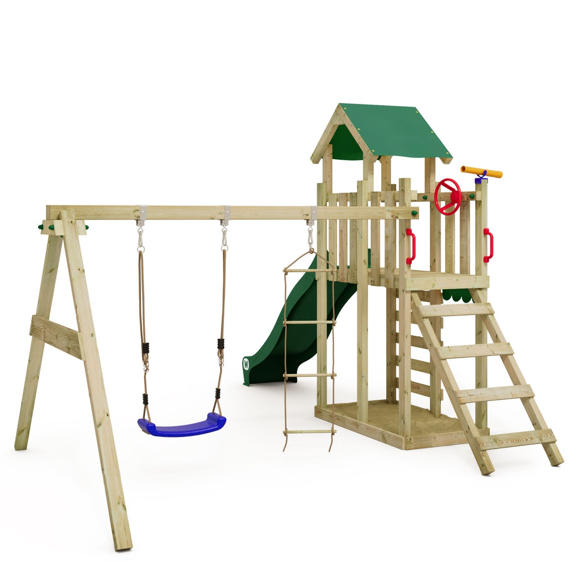 WICKEY MultiFlyer Light speeltoren klimtoestel met schommel en glijbaan, klimtoren met zandbak, ladder en speeltoebehoren – groen