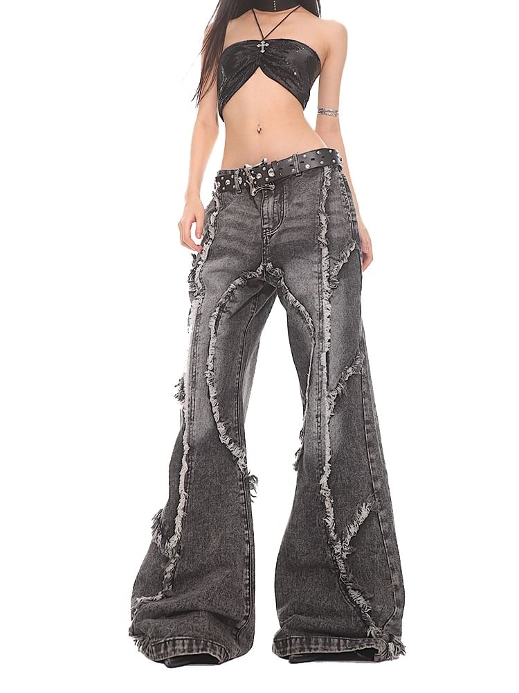 AXEN - Low Rise Washed Fringe Trim Flared Jeans